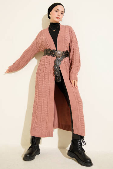 Örgü Büzgülü Uzun Triko Hırka Gül Kurusu - Hırka