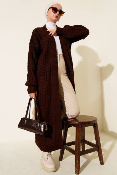 Örgü Büzgülü Uzun Triko Hırka Kahve - Hırka