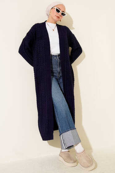 Örgü Büzgülü Uzun Triko Hırka Lacivert - Hırka