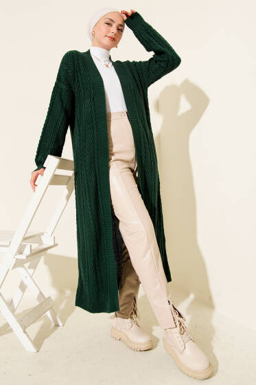 Örgü Büzgülü Uzun Triko Hırka Zümrüt Yeşili - Hırka