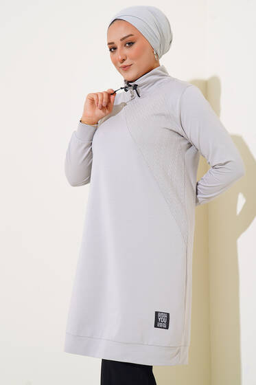 Örgü Desen Detaylı Büyük Beden Tunik Gri - Tunik