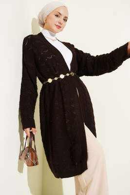 Örgü Desen Detaylı Triko Hırka Acı Kahve - VANİZA TRİKO