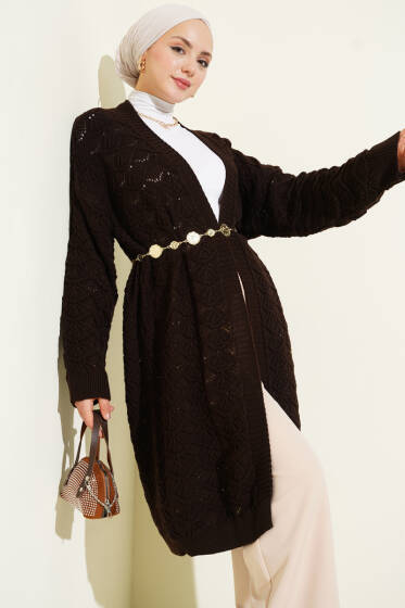 Örgü Desen Detaylı Triko Hırka Acı Kahve - Hırka