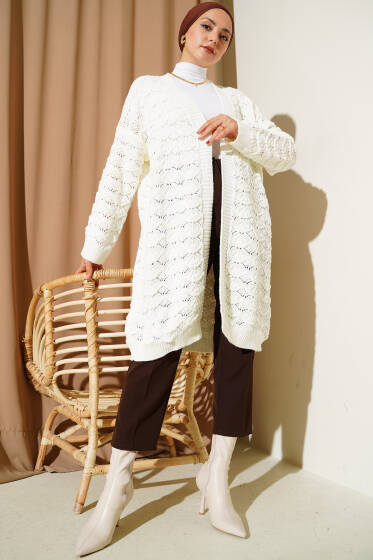 Örgü Desen Detaylı Triko Hırka Ekru - Hırka