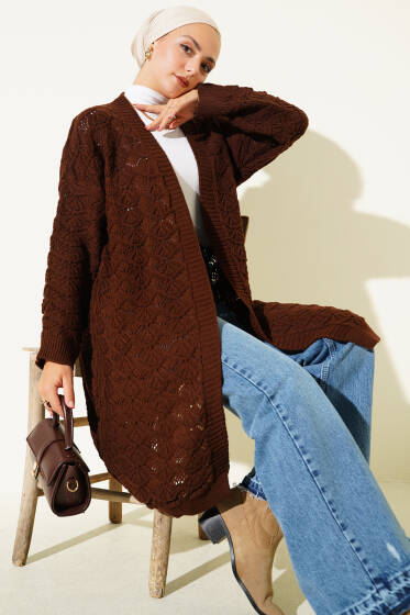 Örgü Desen Detaylı Triko Hırka Kahve - Hırka