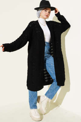 Örgü Desen Detaylı Triko Hırka Siyah - VANİZA TRİKO