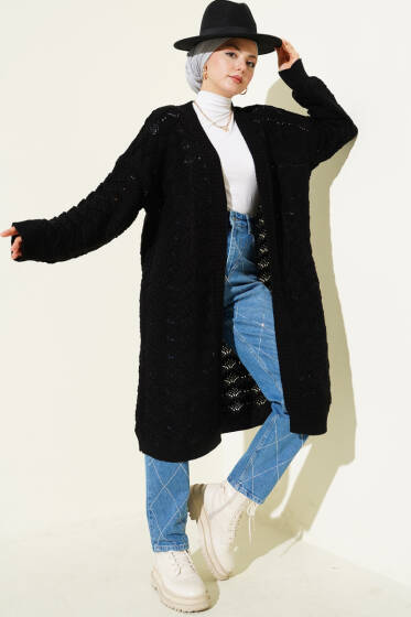 Örgü Desen Detaylı Triko Hırka Siyah - Hırka