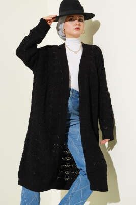 Örgü Desen Detaylı Triko Hırka Siyah - Hırka