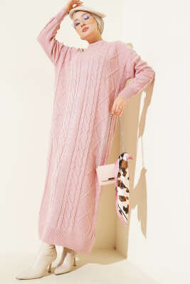 Örgü Desenli Triko Elbise Pudra - RAFİMİX