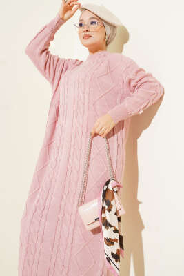 Örgü Desenli Triko Elbise Pudra - Elbise