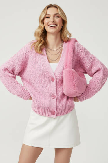 Örgü Detaylı Düğmeli Triko Hırka Pembe - Kadın Giyim Modelleri