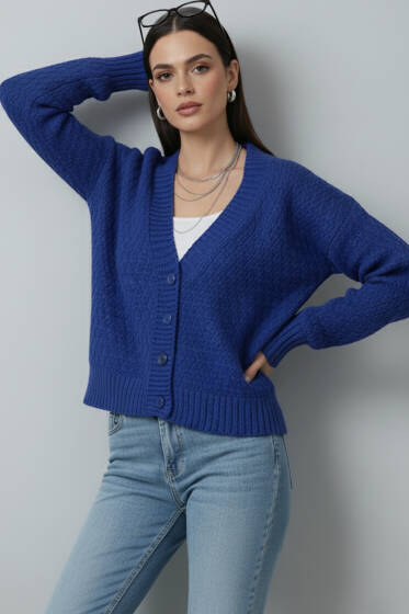 Örgü Detaylı Düğmeli Triko Hırka Saks - Kadın Giyim Modelleri