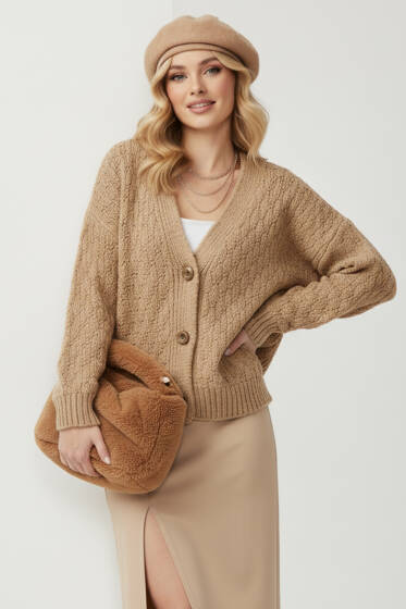 Örgü Detaylı Düğmeli Triko Hırka Vizon - Kadın Giyim Modelleri