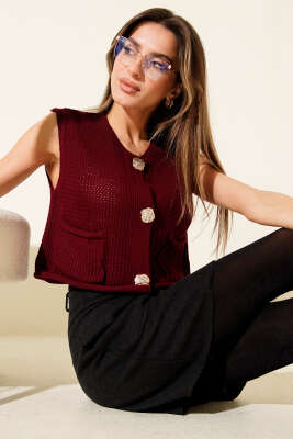 Örgü Detaylı Düğmeli Triko Yelek Bordo - Yılın Fırsatı