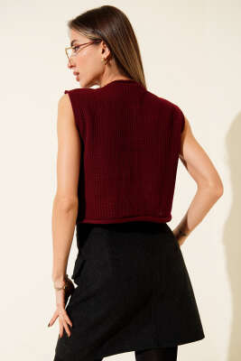 Örgü Detaylı Düğmeli Triko Yelek Bordo - Yılın Fırsatı