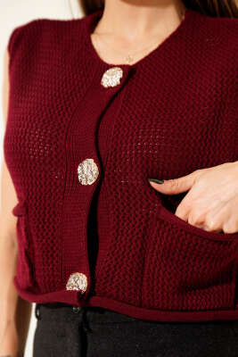 Örgü Detaylı Düğmeli Triko Yelek Bordo - Yılın Fırsatı
