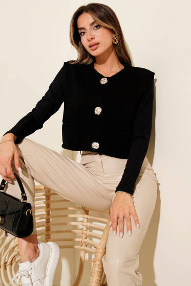 Örgü Detaylı Düğmeli Triko Yelek Siyah - Kadın Giyim Modelleri