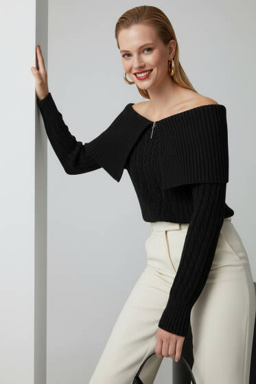 Örgü Detaylı Fermuarlı Hırka Siyah - Kadın Giyim Modelleri