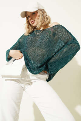 Örgü Detaylı File Kazak Petrol - Kadın Giyim Modelleri