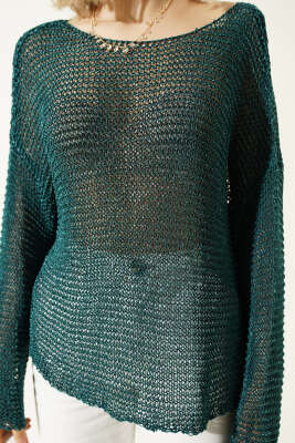 Örgü Detaylı File Kazak Petrol - Kadın Giyim Modelleri