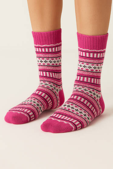 Örgü Detaylı Kadın Soket Çorap Fusya - Soket Çorap