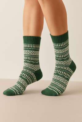 Örgü Detaylı Kadın Soket Çorap Haki - KAPAR ÇORAP