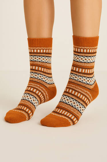 Örgü Detaylı Kadın Soket Çorap Oranj - Soket Çorap
