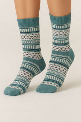 Örgü Detaylı Kadın Soket Çorap Petrol - KAPAR ÇORAP