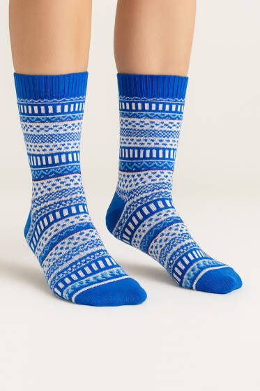 Örgü Detaylı Kadın Soket Çorap Saks - Soket Çorap