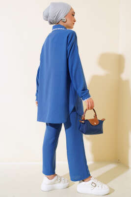 Örgü Detaylı Keten İkili Takım İndigo - İkili Takım