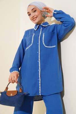 Örgü Detaylı Keten İkili Takım İndigo - İkili Takım