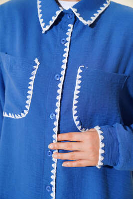 Örgü Detaylı Keten İkili Takım İndigo - İkili Takım