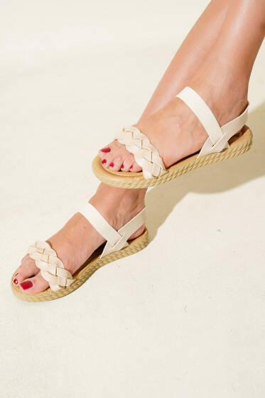 Örgü Detaylı Sandalet Krem - Sandalet