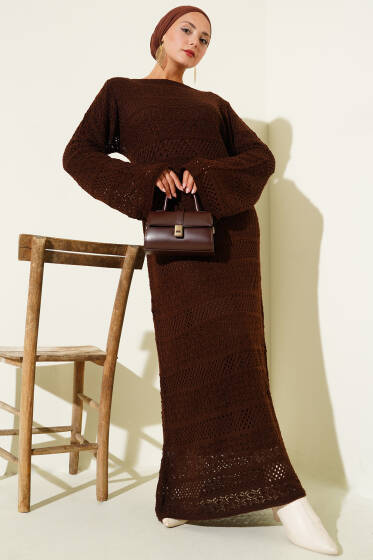 Örgü Detaylı Triko Elbise Kahve - Elbise