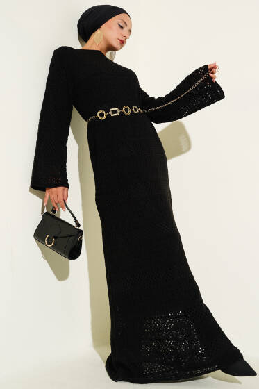 Örgü Detaylı Triko Elbise Siyah - Elbise