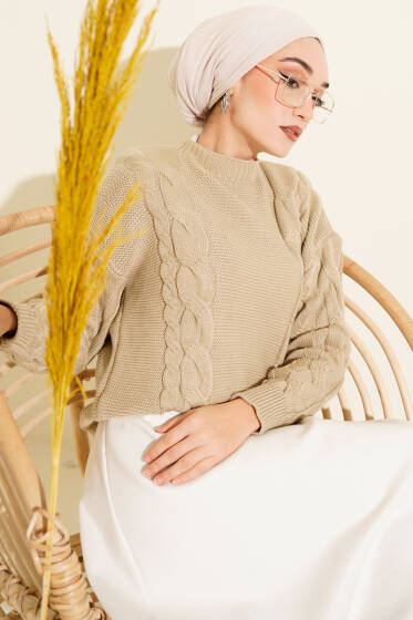 Örgü Detaylı Triko Kazak Altuni - Triko Kazak