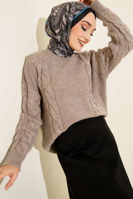 Örgü Detaylı Triko Kazak Bej - RAFİMİX