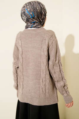 Örgü Detaylı Triko Kazak Bej - Triko Kazak