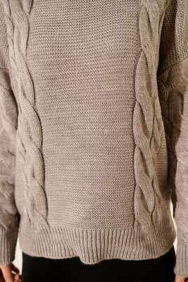Örgü Detaylı Triko Kazak Bej - Triko Kazak