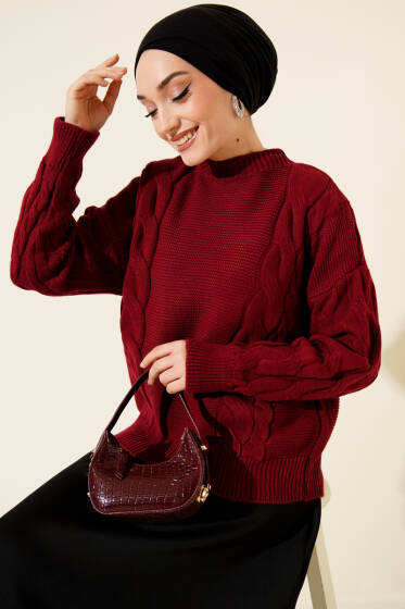 Örgü Detaylı Triko Kazak Bordo - Triko Kazak