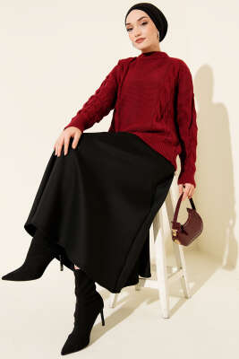 Örgü Detaylı Triko Kazak Bordo - Triko Kazak