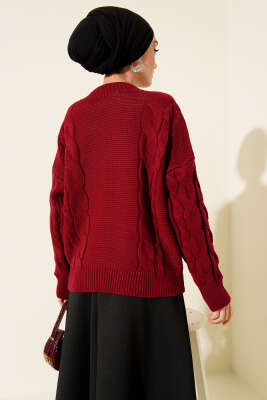 Örgü Detaylı Triko Kazak Bordo - Triko Kazak