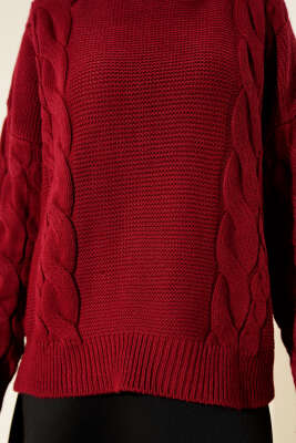 Örgü Detaylı Triko Kazak Bordo - Triko Kazak