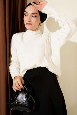 Örgü Detaylı Triko Kazak Ekru - RAFİMİX