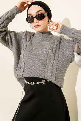 Örgü Detaylı Triko Kazak Gri - RAFİMİX