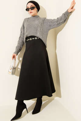 Örgü Detaylı Triko Kazak Gri - Triko Kazak