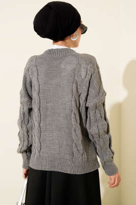 Örgü Detaylı Triko Kazak Gri - Triko Kazak