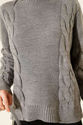 Örgü Detaylı Triko Kazak Gri - Triko Kazak