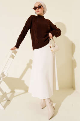 Örgü Detaylı Triko Kazak Kahve - Triko Kazak