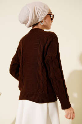 Örgü Detaylı Triko Kazak Kahve - Triko Kazak